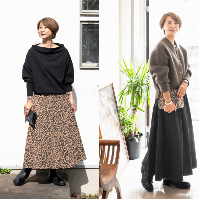 【50代秋冬コーデ】秋のおしゃれに大活躍！「アニマル柄」を効かせた大人コーデ２選！トゥーマッチになりすぎない取り入れ方は？【6日間コーデDay1・Day2】