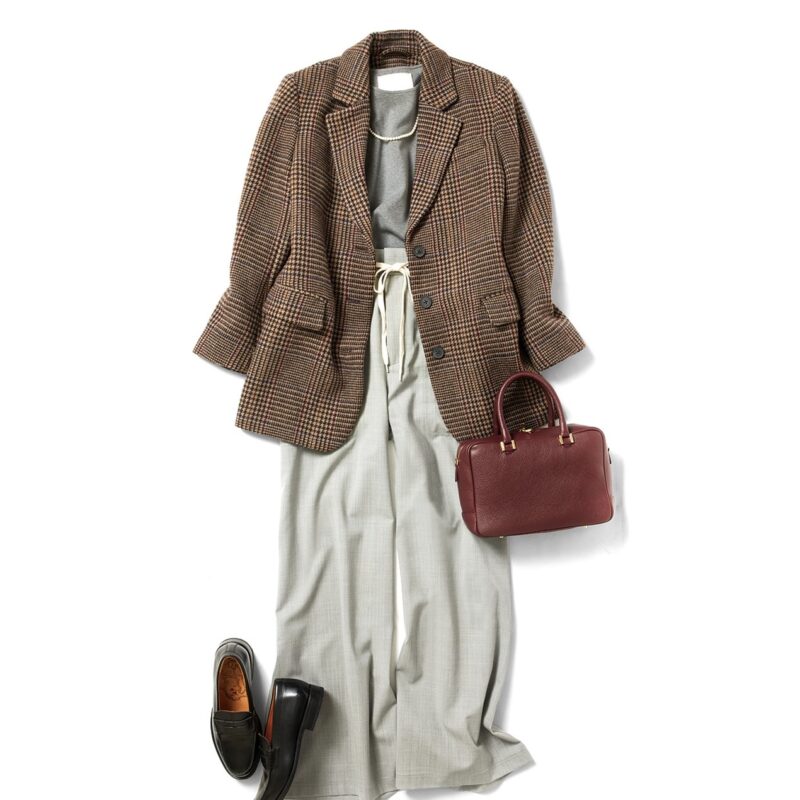 【60代ファッション】トレンドのジャケットを着て、デパートへ。ブラウンのチェックがちょうどいいきちんと感。　素敵な宝島田家物語27日目【60代秋の着まわし30daysDay27】