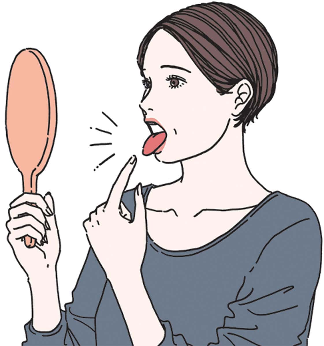 鏡の前で舌を出して色をチェック。