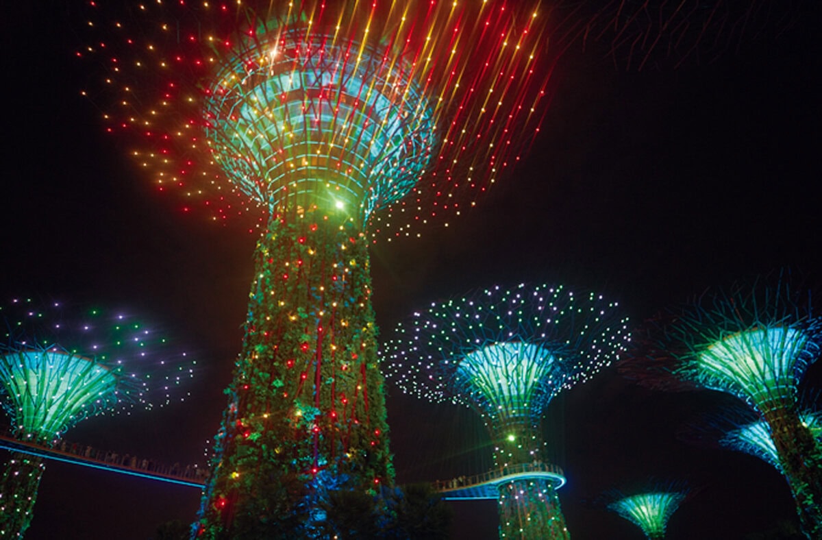 日が落ちると光と音のショー「ガーデン・ラプソディ」が幻想的な眺めを織りなす。