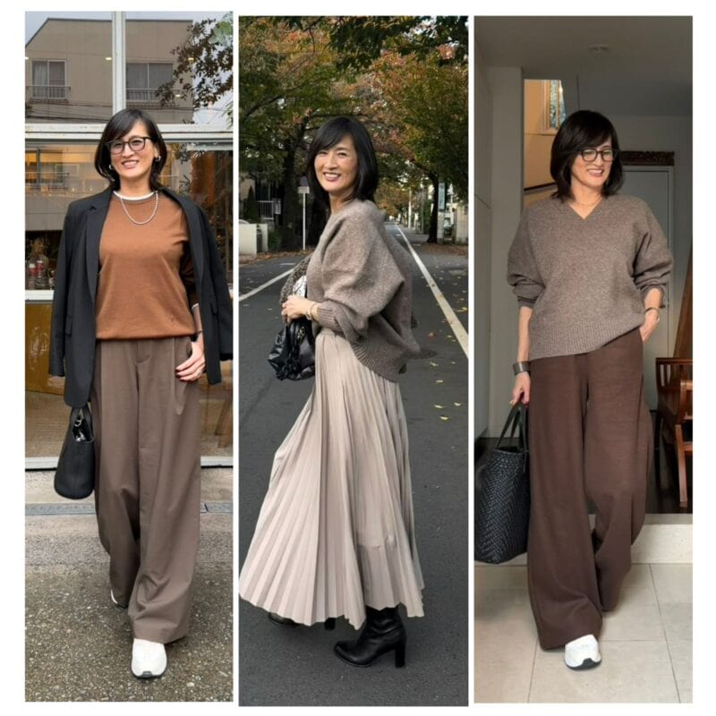 【60代おしゃれ】お気に入りの「ユニクロ」セーターを買い足し！「ZARA」も活躍の豊田さんの「ブラウンコーデ」3スタイル