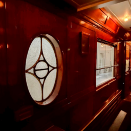 マホガニーの内装に、窓のデザインがアクセント