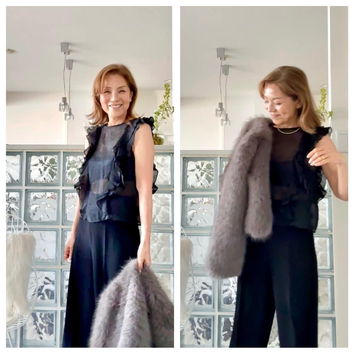 TOMOKO SHINOBEさんの年末お出かけコーデ「ブラック×ブラック+グレー」