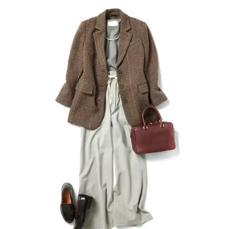 【第9位】【60代ファッション】トレンドのジャケットを着て、デパートへ。ブラウンのチェックがちょうどいいきちんと感。　素敵な宝島田家物語27日目【60代秋の着まわし30days Day27】