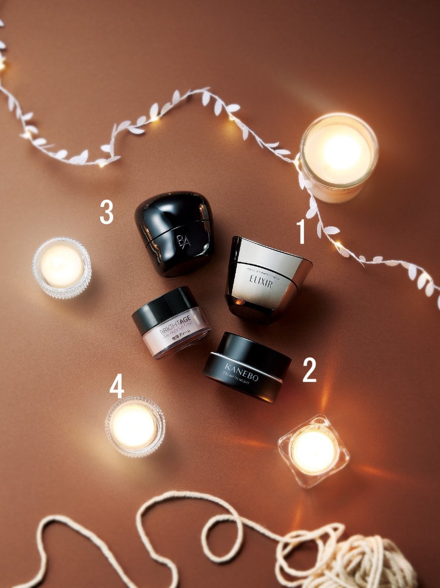 エリクシールトータル V ファーミングクリーム50g ¥11,000、KANEBOクリーム イン ナイトⅡ［医薬部外品］50g ¥13,750／カネボウインターナショナルDiv.、ポーラB.A クリーム30g ¥38,500、ブライトエイジ　オーバーナイト ヴェールクリーム30g¥6,600 ／第一三共ヘルスケアダイレクト