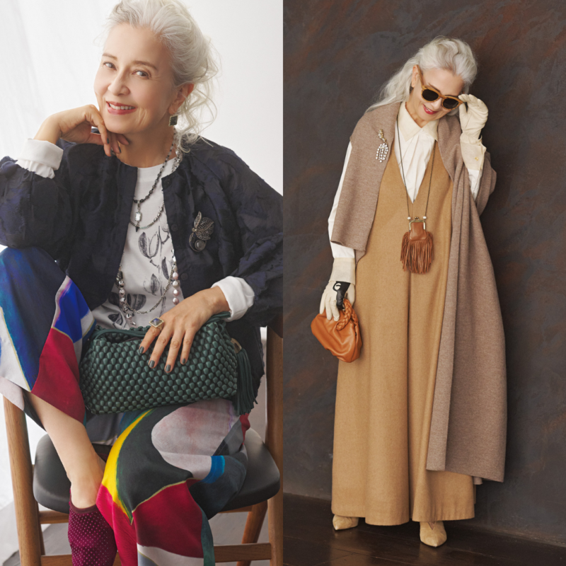 【60代ファッション】忘年会、クリスマス、観劇etc. 結城アンナさんの「ドレスアップ術」①小物で遊び心をプラスして！