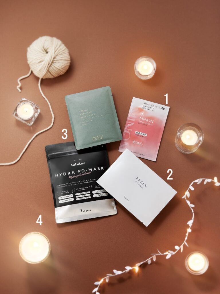 ミノン アミノモイスト ぷるぷるしっとり肌マスク4枚 ¥1,320(編集部調べ)/第一三共ヘルスケア、アルビオンエクシア クリニシャス デイズ28枚 ¥22,000、オサジチューニング モイスチャー シートマスク1枚 ¥770、ルルルンハイドラ PD マスク7枚 ¥880/Dr.ルルルン