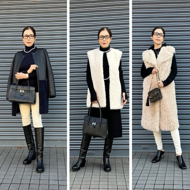 【60代ファッション&ライフスタイル】話題の〈濱野皮革工藝〉のバッグを使ったモノトーンコーデを披露!