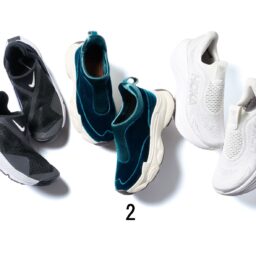 スニーカー［5㎝］¥25,300／ホカ ® （デッカーズジャパン）、スニーカー［5.5㎝］¥22,000／オゥ バニスター（アバハウスインター ナショナル オンラインストア）、スニーカー［4㎝］¥17,930／ナイキ スポーツウェア（NIKE カスタマーサービス）