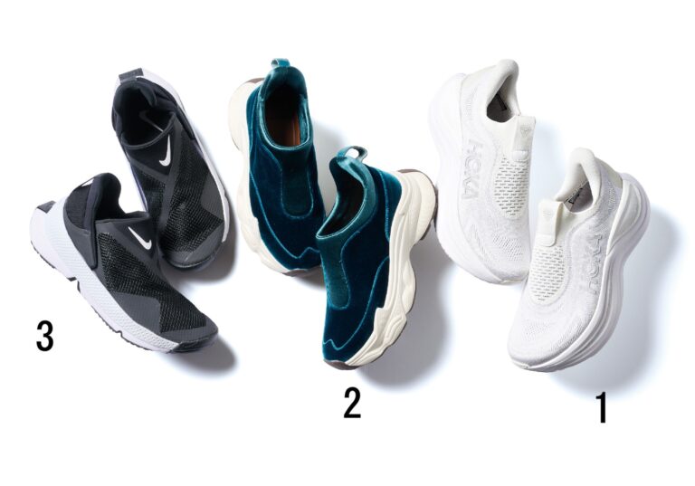 スニーカー［5㎝］¥25,300／ホカ ® （デッカーズジャパン）、スニーカー［5.5㎝］¥22,000／オゥ バニスター（アバハウスインター ナショナル オンラインストア）、スニーカー［4㎝］¥17,930／ナイキ スポーツウェア（NIKE カスタマーサービス）