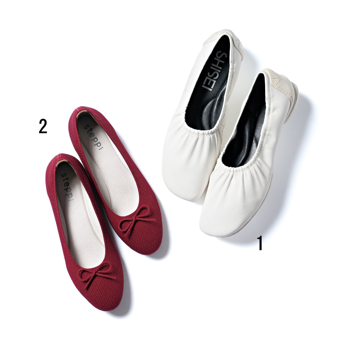 バレエシューズ［2㎝］¥31,900／シーセイ（アイネックス）、バレエシューズ［1.5㎝］¥9,990／ステッピ