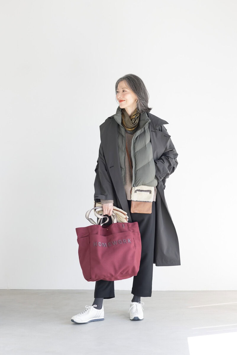 コート¥97,900、サスペンダーつきパンツ¥38,500/ともにコグ ザ ビッグスモーク、ベスト¥5,990/ユニクロ、セーター¥17,990、バンダナ¥2,990/ともにザラ(ザラ カスタマーサービス)、バッグ¥50,600/アニヤ・ハインドマーチ(アニヤ・ハインドマーチ ジャパン)、ショルダーバ ッグ¥30,800、手袋¥38,500/ともにアニェル(アッシュ・ぺー・フラン ス)、スニーカー¥23,100/パトリック(カメイ・プロアクト)、ピアス(両耳で)¥39,600/リューク、タイツ/スタイリスト私物