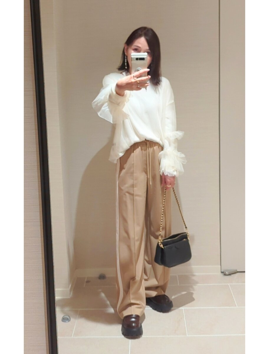 シアーブラウス/セレクトショップ、トラックパンツ/GU×rokh、アクセサリー(new)、バッグ/Louis Vuitton、コインローファー/RAGEBLUE(new)