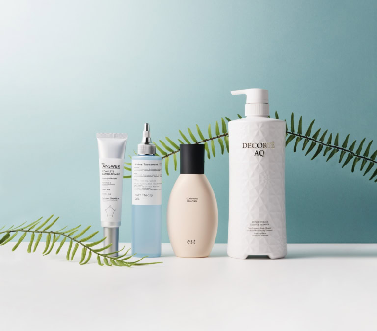 コスメデコルテ AQ リペア エッセンスシャンプー、エスト クラリファイイング スカルプジェル、ヘアセオリーラボ セラムイン ウォータートリートメント、花王 THE ANSWER コンプリートラメラミルク