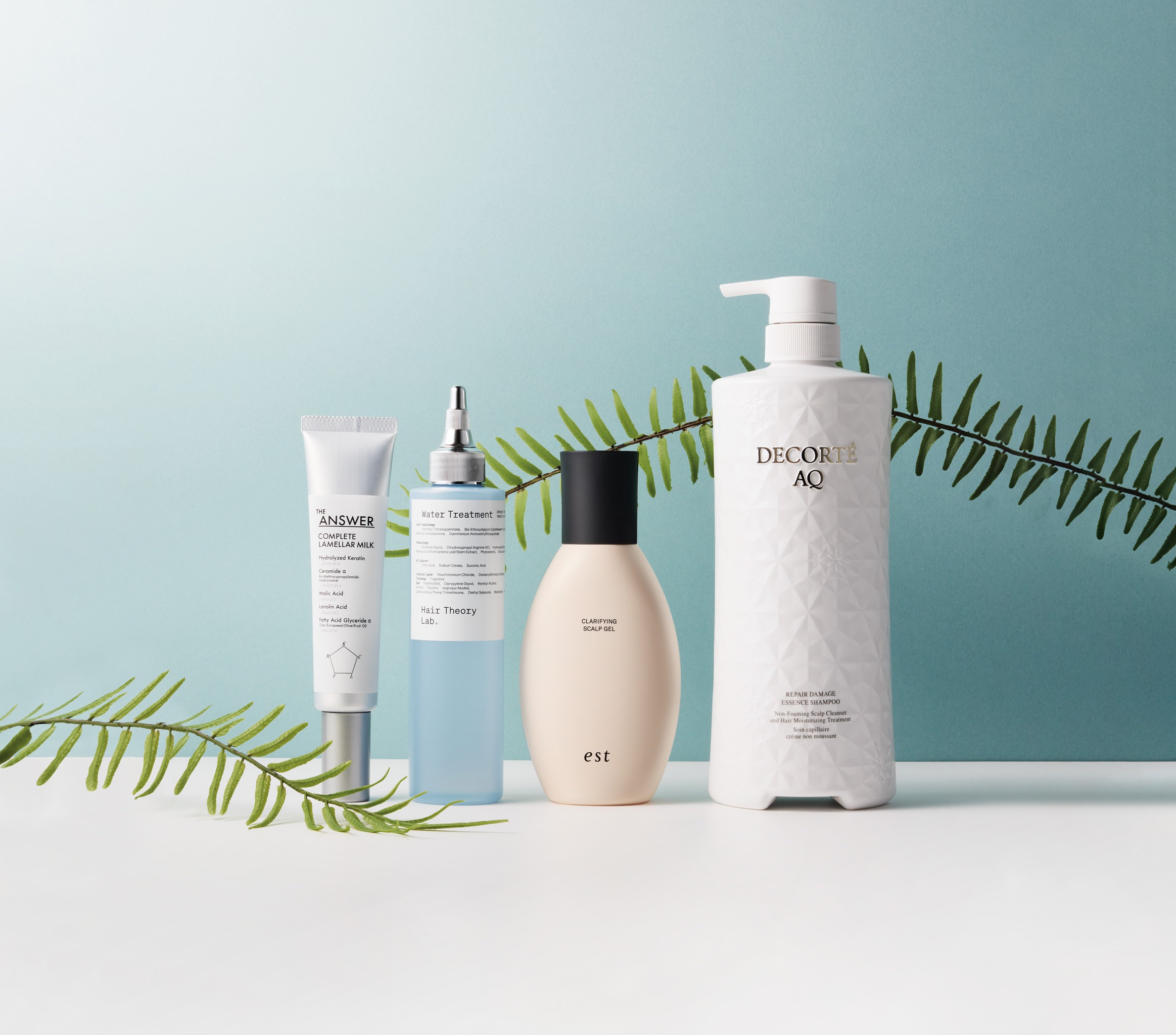 コスメデコルテ　AQ  リペア エッセンスシャンプー、エスト クラリファイイング スカルプジェル、ヘアセオリーラボ セラムイン  ウォータートリートメント、花王　THE ANSWER コンプリートラメラミルク