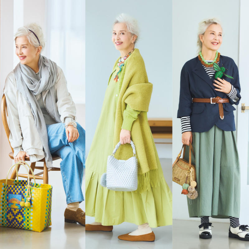 【60代ファッション】結城アンナさんの大人可愛くおしゃれを楽しむ若草色ワンピ・デニム・ボーダースタイル〈初春ハッピーコーデ①〉