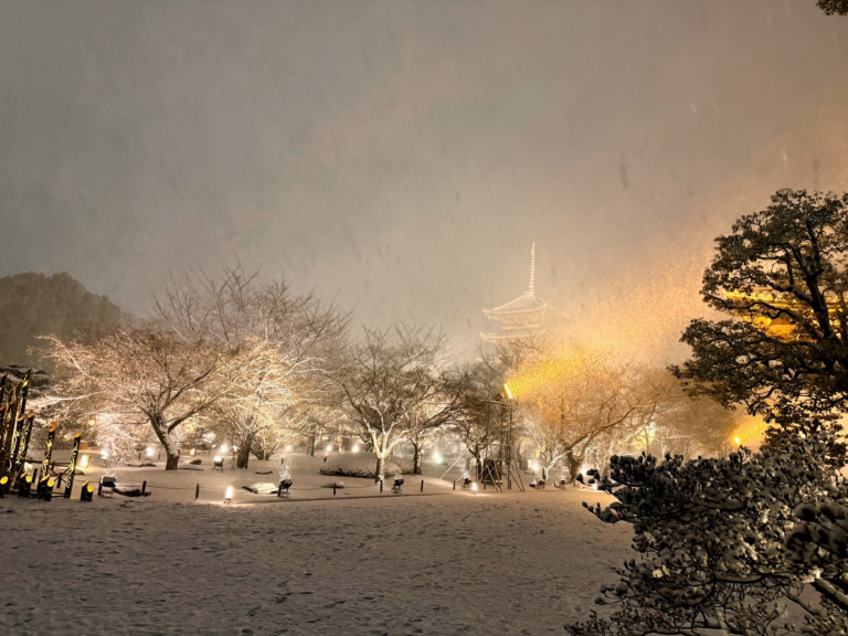 エントランス全景。雪のベールで白っく煙っている景色が幻想的。