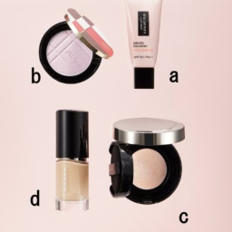 アンリミテッド ブロック:ブースター アドバン スト エナジー フラッシュ SPF50+・PA+++ 30㎖ ¥5,830／シュウ ウエムラ【3/4発売】、SHISEIDO カラー＋グロウ エンハンサー 01 ¥11,770／SHISEIDO【3/1発売】、ルナソル ラディアントフロウ メッシュコンパクト SPF17・PA++ 全3色 ¥10,120 ／カネボウ化粧品【3/6発売】、ザ リクイド ファンデーションe SPF20〜25・PA++〜+++ 全12色 30㎖ ¥11,000／SUQQU【2/6発売】