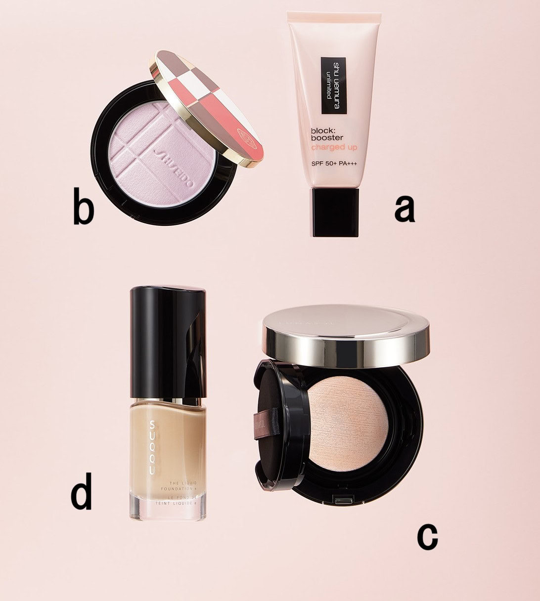 アンリミテッド ブロック:ブースター アドバン スト エナジー フラッシュ SPF50+・PA+++ 30㎖ ¥5,830／シュウ ウエムラ【3/4発売】、SHISEIDO カラー＋グロウ エンハンサー 01 ¥11,770／SHISEIDO【3/1発売】、ルナソル ラディアントフロウ メッシュコンパクト SPF17・PA++ 全3色 ¥10,120 ／カネボウ化粧品【3/6発売】、ザ リクイド ファンデーションe SPF20〜25・PA++〜+++ 全12色 30㎖ ¥11,000／SUQQU【2/6発売】