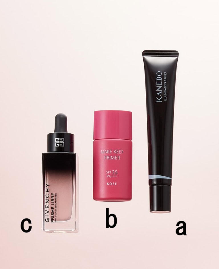 カネボウ イルミネイティングプライマー SPF22・ PA++ 30g ¥4,950/カネボウインターナショナルDiv.【2/13発売】、メイク キープ プライマー UV 01 SPF35・PA+++ ¥1,430(編集部調べ) /コーセーコスメニエンス【1/16発売】、プリズム・リーブル・ケア&カラー・セラム・ プライマー ピンク 30㎖ ¥7,700/パルファム ジバンシイ【2/1発売】