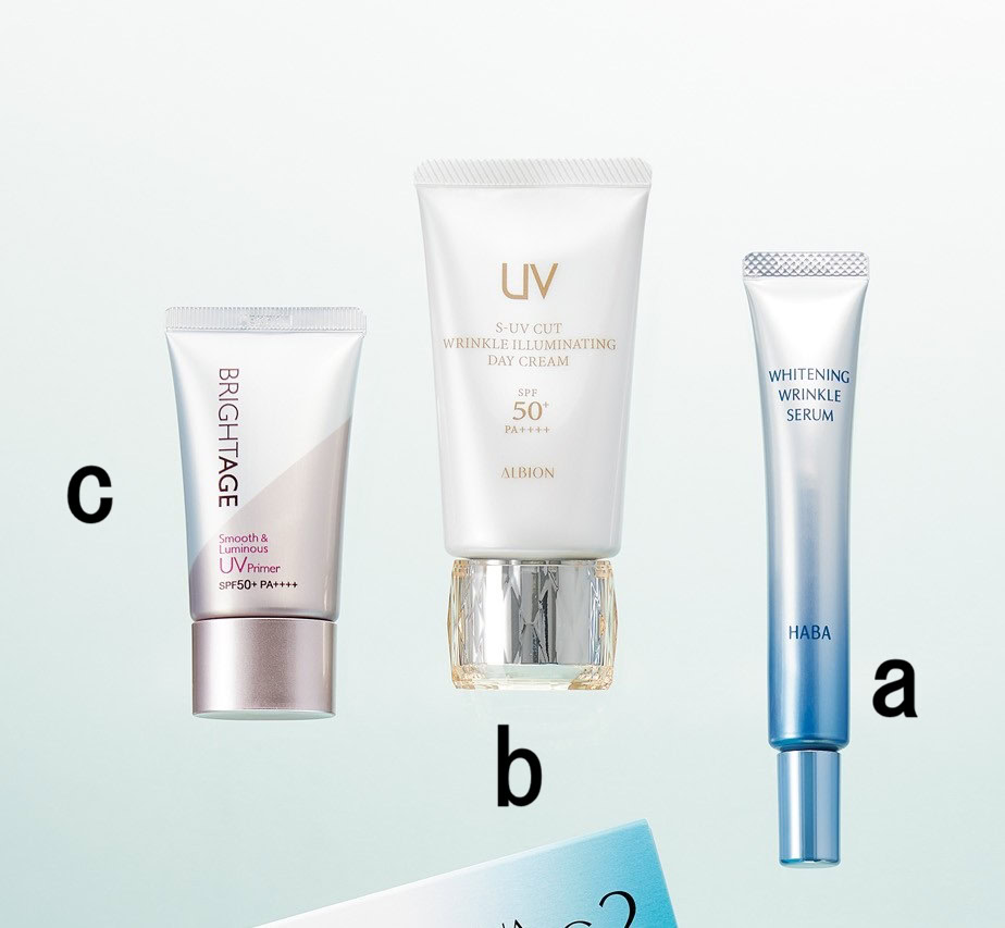 薬用 ホワイト＆リンクルセラム 10%増量タイプ［医薬部外品］ 22g ¥5,940／ハーバー研究所【1/5発売】、S-UVカット リンクル イルミネイティング デイクリーム［医薬部外品］ SPF50+・PA++++ 50g ¥11,000／アルビオン【2/17発売】、ブライトエイジ スムース＆ルミナス UVプライマー［医薬部外品］ SPF50+・PA++++ 25g ¥4,950／第一三共ヘルスケアダイレクト【3/26発売】