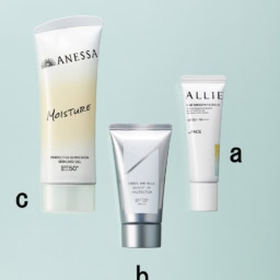 アリィー クロノビューティ フラットスムースフィルターUV SPF50+・PA++++ 30g ¥2,178（編集部調べ）／カネボウ化粧品【1/31発売】、リンクル ブライト UV プロテクター N［医薬部外品］ SPF50+・PA++++ 50g ¥3,850／オルビス【2/20発売】、アネッサ パーフェクト UV スキンケア ジェル NB SPF50+・PA++++ 90g ¥2,508（編集部調べ）／資生堂【2/21発売】