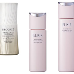 （右から）2つの美白有効成分による美白ケアに加え、コラーゲン密度を高めて透明感を。ブライトニング ローション ca 170㎖ ¥3,740、同 エマルジョン ca 130㎖ ¥4,400［ともに医薬部外品］（ともに2月21日発売）／エリクシール、美白有効成分・コウジ酸の濃度を現行の1.8倍に。真皮線維芽細胞の肌色維持因子を増やす働きも。ホワイトロジスト クロノジェネシス ブライトニング コンセントレイト 1.8X［医薬部外品］ 30㎖ ¥19,800／コスメデコルテ