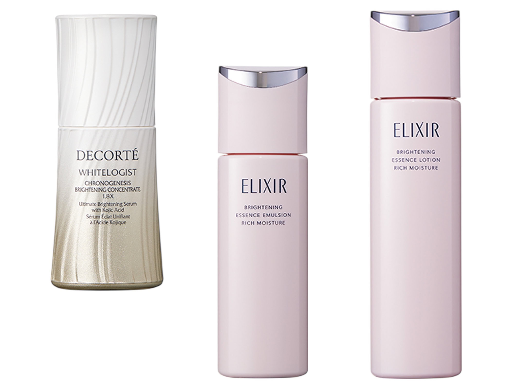 （右から）2つの美白有効成分による美白ケアに加え、コラーゲン密度を高めて透明感を。ブライトニング ローション ca 170㎖ ¥3,740、同 エマルジョン ca 130㎖ ¥4,400［ともに医薬部外品］（ともに2月21日発売）／エリクシール、美白有効成分・コウジ酸の濃度を現行の1.8倍に。真皮線維芽細胞の肌色維持因子を増やす働きも。ホワイトロジスト クロノジェネシス ブライトニング コンセントレイト 1.8X［医薬部外品］ 30㎖ ¥19,800／コスメデコルテ
