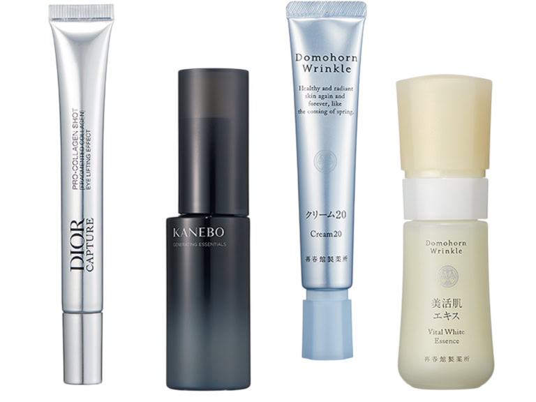 （右から）ミトコンドリアの新生を促進。ドモホルンリンクル 美活肌エキス 30㎖ ¥11,000、同 クリーム20 30g ¥14,300［ともに医薬部外品］／ともに再春館製薬所、エ ネルギー代謝を促し、表皮の生まれ変わりを後押し。カネボウ ジェネレイティング エッセンシャルズ 168㎖ ¥13,200／カネボウインターナショナルDiv. 、肌細胞の呼吸を高めてエネルギーを増幅させるアイケア。ディオール カプチュール プロ コラジェンショット 15㎖
