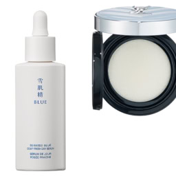 （右から）メイクの上からつけて、クール感を与え、潤い感を。オールアワーズ ブラークッション ¥10,890（3月13日限定発売）／イヴ・サンローラン・ボーテ、環境ダメージから守り、肌バテをケアする日中美容液。雪肌精 BLUE　デューイー フレッシュ デイ セラム SPF40・PA+++ 30㎖ ¥7,150（編集部調べ・2月16日発売）／コーセー