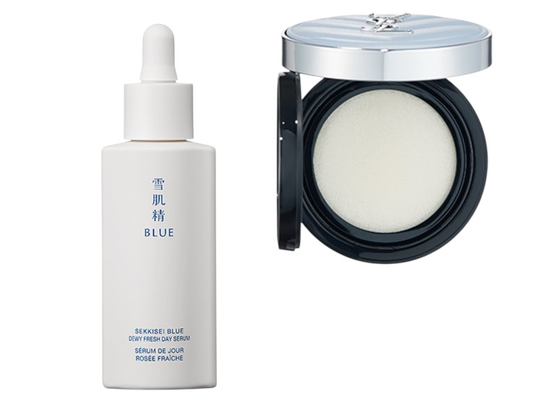 （右から）メイクの上からつけて、クール感を与え、潤い感を。オールアワーズ ブラークッション ¥10,890（3月13日限定発売）／イヴ・サンローラン・ボーテ、環境ダメージから守り、肌バテをケアする日中美容液。雪肌精 BLUE　デューイー フレッシュ デイ セラム SPF40・PA+++ 30㎖ ¥7,150（編集部調べ・2月16日発売）／コーセー