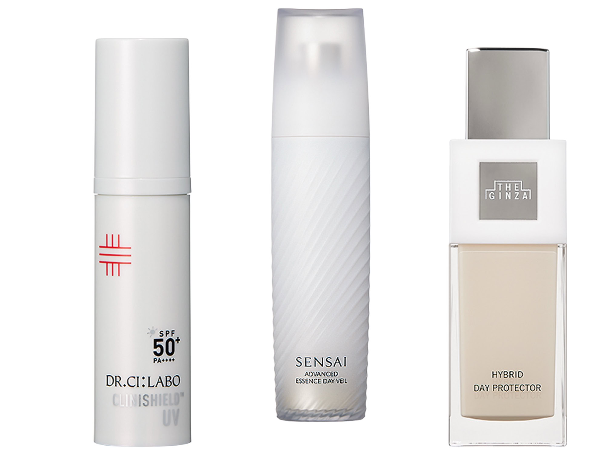 （右から）紫外線などから肌を守ると同時に美肌見せ。ザ・ギンザ ハイブリッドデープロテクター n SPF35・PA+++ 30g ¥36,300（2月1日発売）／ザ・ギンザ、肌奥の光老化を防ぐデイケア。センサイ アドバンスト エッセンスデイヴェール SPF50・PA+++ 40㎖ ¥18,700（2月4日発売）／カネボウ化粧品、バリア修復・鎮静・メラニン抑制など高いケア効果で透明感へ。クリニシールド UVスキンケア SPF50+・ PA++++ 30g ¥5,280（2月16日発売）／ドクターシーラボ