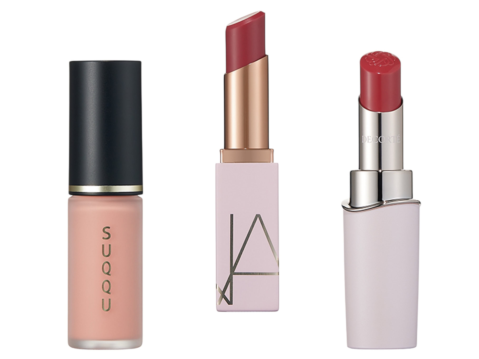 ほんのり血色で唇を染めて。ルージュデコルテ ティント＆プランプ 03 ¥5,500／コスメデコルテ、スルリととろけるつけ心地。抜け感ある発色です。アフターグロー リップバーム N 888 ¥4,180／NARS JAPAN、肌と一体化してツヤやかさをプラス。コンプレクション フェイス カラー 03 ¥4,950（1月23日発売）／SUQQU