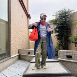 キャップ…コンバース、ボーダー…オーシバル　、バッグ…stateofescape、パンツ…スピックアンドスパン、アウター…無印デニムコート、サングラス…eyevan 7285