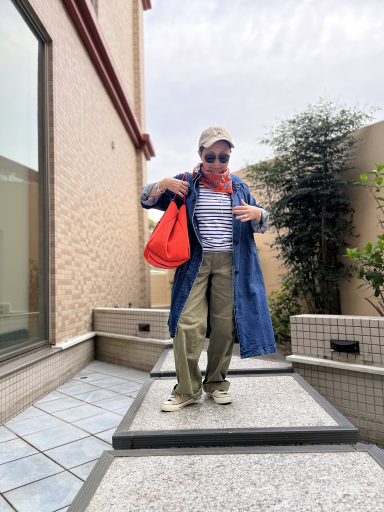 キャップ…コンバース、ボーダー…オーシバル　、バッグ…stateofescape、パンツ…スピックアンドスパン、アウター…無印デニムコート、サングラス…eyevan 7285