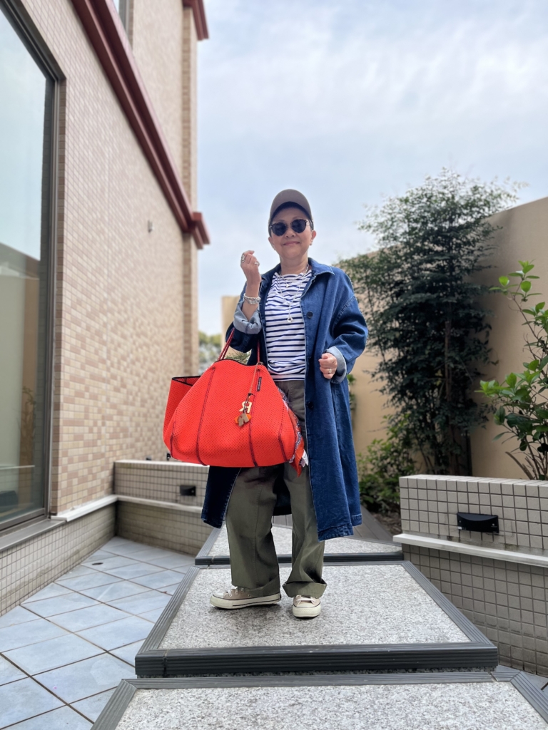 キャップ…コンバース、ボーダー…オーシバル　、バッグ…stateofescape、パンツ…スピックアンドスパン、アウター…無印デニムコート、サングラス…eyevan 7285