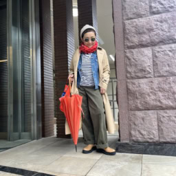 ボーダー…オーシバル、水玉ストール…ユナイテッドアローズ 、Gジャン…セイス鎌倉セレクトショップ、ステンカラーコート…ロペピクニック 、バッグ…stateofescape