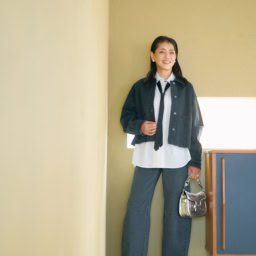 デニムパンツ¥2,990／ジーユー、デニムジャケット¥14,850／アバハウス マヴィ、タイつきシャツ¥19,800／ルージュ・ヴィフ（ともにアバハウスインターナショナル オンラインストア）、バッグ¥220,000／ピエール アルディ（ピエール アルディ 東京）、シューズ¥47,300／プリティ・バレリーナ（F.E.N.）、イヤリング¥19,800／アビステ、リング¥33,440／スタッシュ・ジュエリー（ズットホリック）、靴下¥880／靴下屋（タビオ）