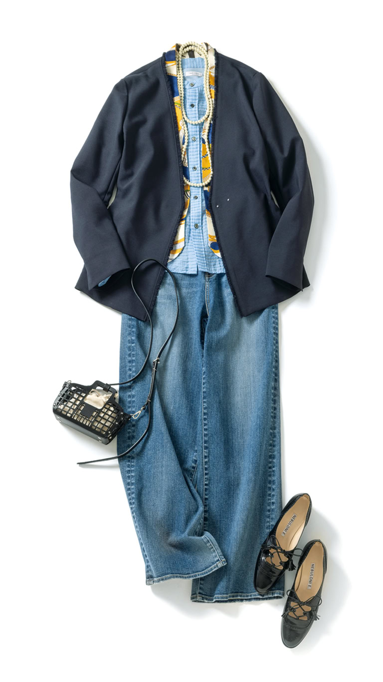 ジャケット¥59,400／レキップ、ブラウス¥47,300／ニアー ニッポン（ニアー）、デニム¥25,300／レッドカード トーキョー（ゲストリスト）、スカーフ¥11,000／マニプリ、二連ネックレス¥23,100／ハリス（金万）、バッグ¥148,500／ドメスティック（アッシュ・ペー・フランス）、シューズ¥73,700／ネブローニ