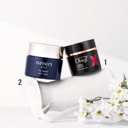 オバジX バイタライズ リフトクリーム 50g ¥11,000／ロート製薬、インフィニティ ザ  リペア ジェルクリーム［医薬部外品］ 80g ¥9,900（編集部調べ）／コーセー