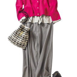 カーディガン¥15,400／コンジェ ペイエア デュートリステス、ブラウス¥39,600／エブ ール（リトルリーグ インク）、 パンツ¥8,789／ドゥクラッセ，メガネ¥54,780／オリバーピープルズ（ルックスオティカジャパンカスタマーサービス）、バッグ¥18,700／シャルマントサック、シューズ¥48,400／ヨーク（UTS PR）