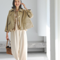 ジャケット¥107,800／マッキントッシュ※別注、トップス¥39,600、パンツ¥25,300／ともにボールジィ、バンダナ¥38,500／エイネス、ネックレス¥60,500／リエ スタジオ、バッグ¥47,300／ヴァジック フォー トゥモローランド、シューズ¥33,000／ヘンリ エンヴァーゴ（すべてトゥモローランド）