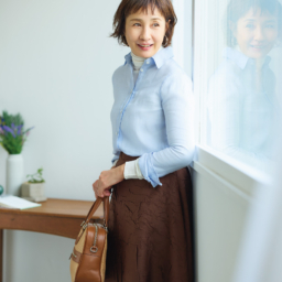 シャツ¥68,200、スカート¥148,500／ともにマディソンブルー、タートルネックトップス¥11,000／ソージュ（ソージュ オンラインストア）、バッグ¥102,300／ジャック・ル・コー（アッシュ・ペー・フランス）、ピアス¥8,800／アビステ