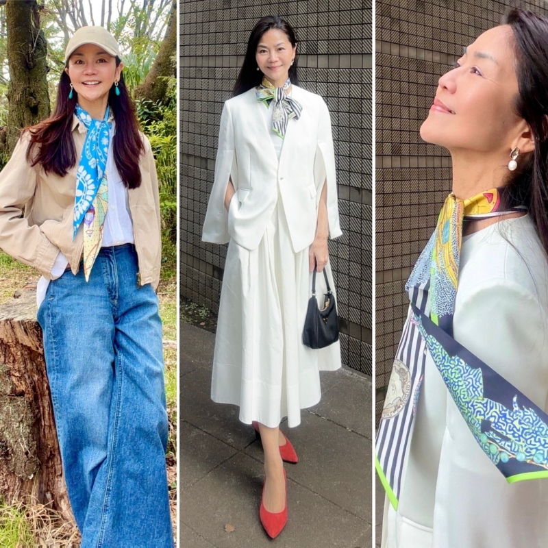 【50代ファッション】「ツイリースカーフ」春は胸元で決まる!つけるだけでおしゃれ度アップ!|素敵ブロガー桜井智子さん