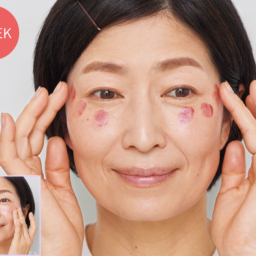 【2】頰骨に沿わせた3 点にチークを置きなじませる