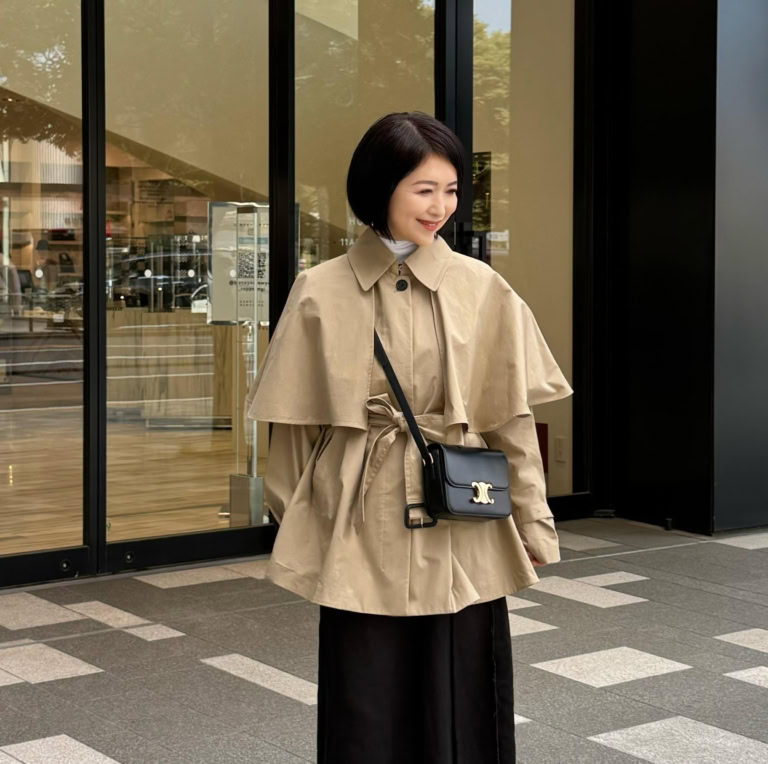 ケープトレンチ… マルティニーク、ニット… ZARA、スカート… エブール、靴… PELLICO、バッグ… セリーヌ