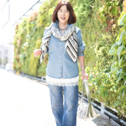 デニムシャツ･･･UNIQLO　デニムパンツ･･･NOBLE レースキャミ・ストール・ネックレス･･･mon cabinet　シューズ･･･Kenpogen　バック･･･フリマで購入