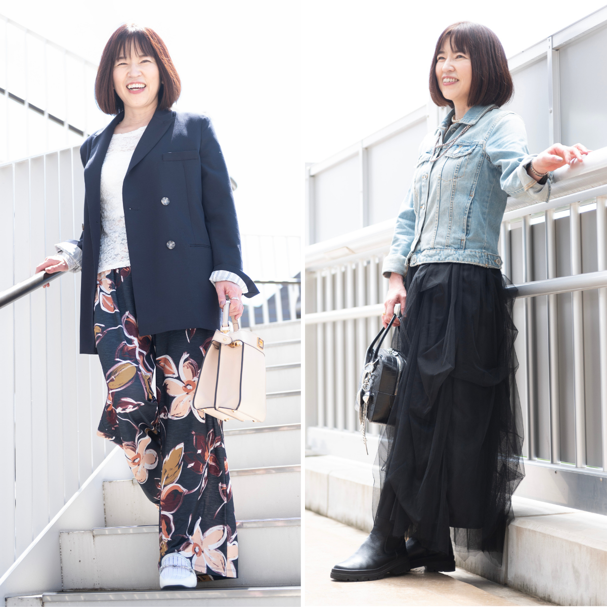 【50代低身長コーデ】「大胆花柄パンツ」「ボリュームチュールスカート」をスタイルアップして着こなすには？テクニックが光るしゃれ見えコーデ2選【6日間コーデDay1・Day2】