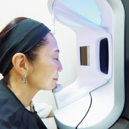 機器に顔を固定し、標準光、偏光、UV光により、正面顔と左右斜め横顔を撮ります。撮影は約５分で終了します。