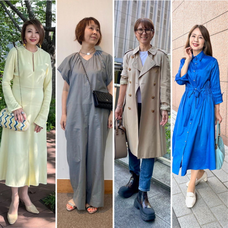 【50・60代スナップ】おしゃれに映える!大人の「ワンピ」「オールインワン」「コート」の着こなし4選!バッグ&足元にも注目です
